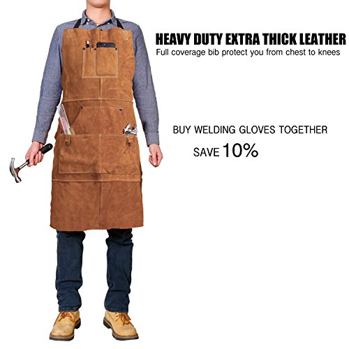 QeeLink Leather Work Shop Apron with 6 Tool Pockets Heat & Flame Resistant Heavy Duty Welding Apron, 24" x 36", Adjustable M to XXL for Men & Women (Brown)