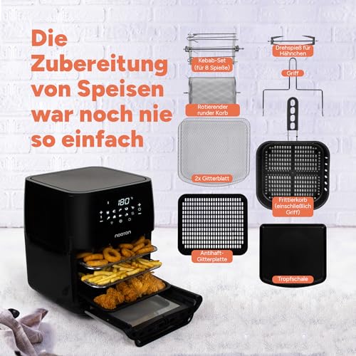 Noaton A120 Ultra Pro Heißluftfritteuse 12L, Fritteuse ohne Öl, Online Rezeptbuch und 26 cm Küchenzange, 1800W, 10 Programme, Digitalem Display, Kompakt, für 1-4 Personen, Schwarz – Bild 7