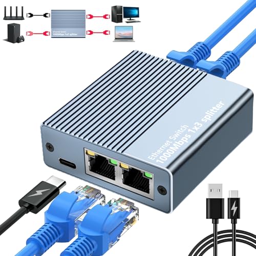 Divisor Ethernet 1 a 3, divisor LAN de 1000 Mbps 1 a 3 divisor de Internet 1 a 3 divisor Rj45 con cable de alimentación USB C para computadora, concentrador, interruptor, router, ADSL, TV digital,