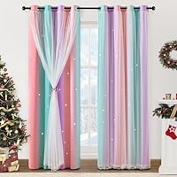 XiDi Curtains for Girls Bedroom Kids Room 2 Panels Colorful Rainbow Design Unicorn Wall Decor Blackout Pink Curtains Cute Mermaid Princess Room 34 Wide 63 Inches Long Grommet Drapes Pink Purple Green