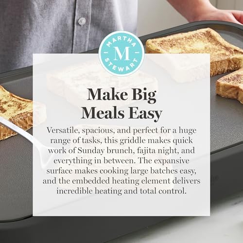 Martha Stewart 12” x 22” Electric Griddle, XL Ceramic Nonstick Flat Top Cooking Surface, Adjustable Temperature Dial, Drip Tray, Dishwasher Safe, 1500W Fast Even Heating, Pancakes & Eggs, Caviar Gray — view 10