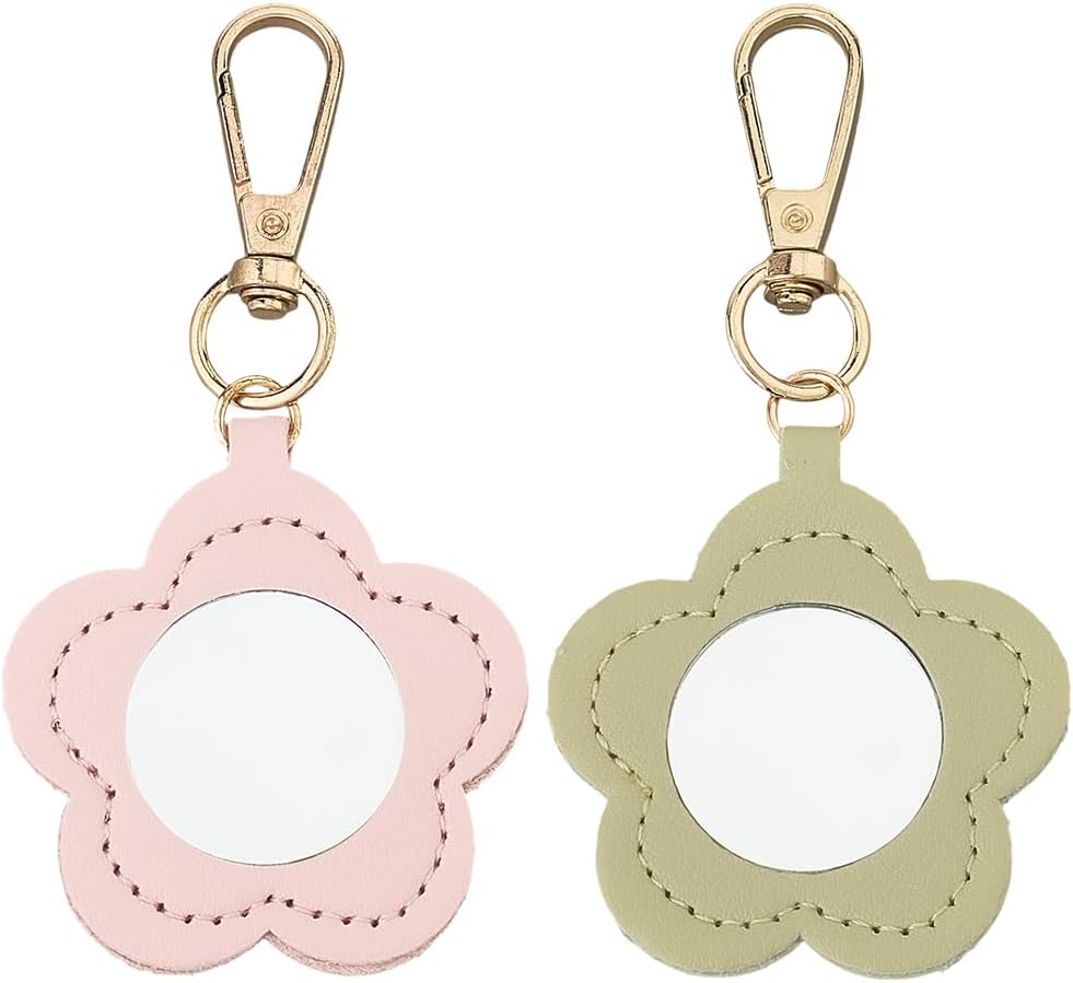 2PCS 2 Color Makeup Mirror Key Holder Portable Flower Keychain Bulk Cute PU Leather Key Ring Organizer Mini Floral Pendant Keychain for Women Purse Bags Charm(Green Pink)