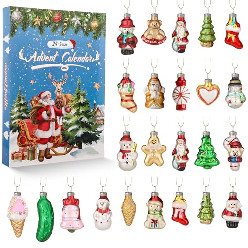ElectricWise 24 Pcs Glass Christmas Ornaments Set with Advent Countdown