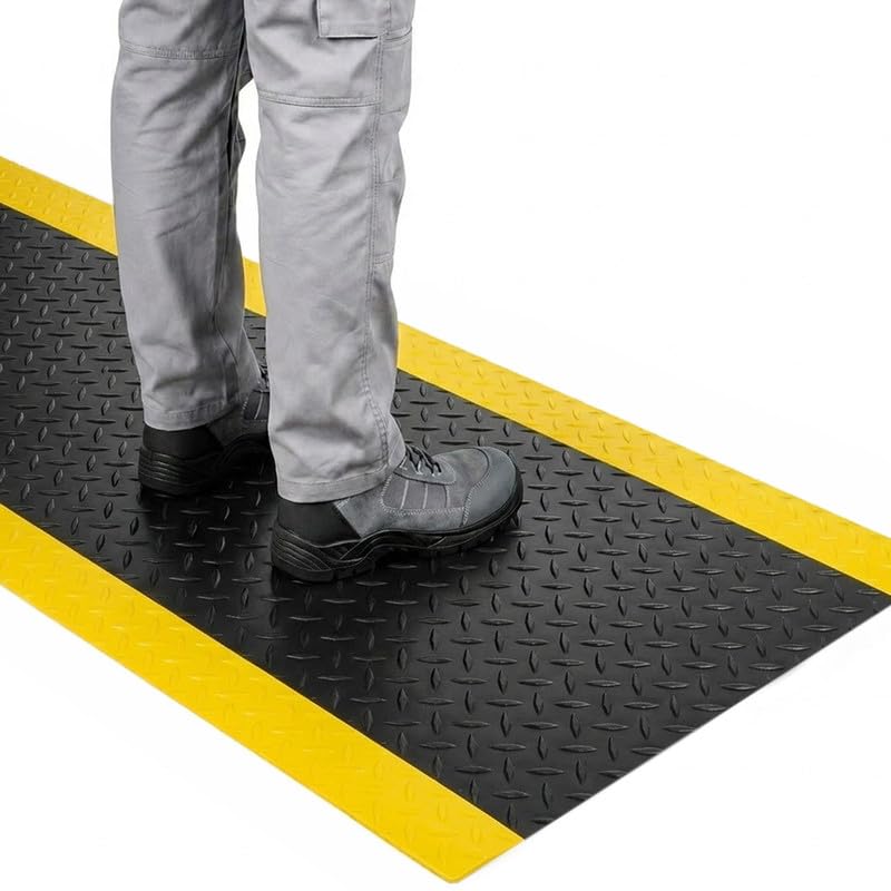 W2 Anti-Ermüdungsmatte 12,7 mm – Industrielle Arbeitsplatzmatte für ganztägige Steharbeit – Ergonomische Schaumstoffmatte für Werkstatt, Produktion & Kasse – Schwarz/Gelb – 122 x 200 cm