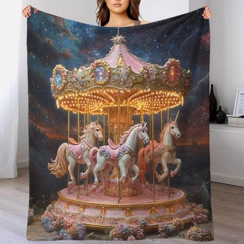 Couverture licorne carrousel 3D 150x200cm en microfibre douce