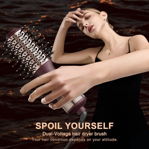 Image of Travel Dual Voltage Hair Dryer Brush 4-in-1 Portable Mini Hot Air Blow Dryer Straightener & Curler Brush, Automatico Doble Voltaje Cepillo Secador De Cabello 110~240V US /EU /UK -Blackcurrant Rose Gold
