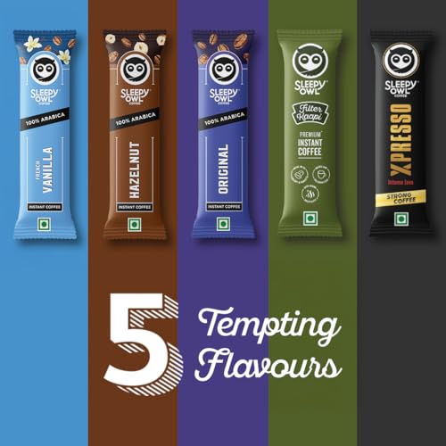 Image of Sleepy Owl Pack of 30 Premium Instant Coffee Sachets | 2g Each - Flavoured Coffee Pouch | 5 Delicious Flavours - Original /Hazelnut /French Vanilla /Filter Coffee /Xpresso | Travel Pack - Easy to Use & Carry | Makes 10 Cups