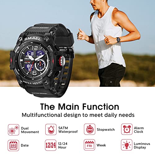 Gosasa Mens and Womens Military Digital Watch Date Week Sport Watches Outdoor Analog Digital Dual Display PU Strap Stopwatch Waterproof Multifunctional Unisex Wrist Watch3