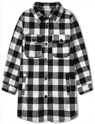 Image of SANGTREE Women and Girls Oversized Flannel Plaid Shirt Mid-Length Casual Button Down Shirt with Pockets