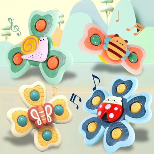 NCKIHRKK Spinner Bebe Ventouse, 4 Pièces Jouet Ventouse Bebe, Abeille Papillon Coccinelle Escargot Jouets de Douche Sensoriels, Jouet Bebe 12 Mois, Spinner Bebe...