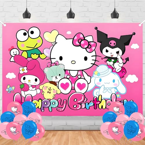 Kitty and Friends Happy Birthday Backdrop Kawaii and Friends Banner Poster for Boys Girls Theme Party Decorations Cartoon Anime Birthday Supplies Background Studio Shoot Photo Props Booth