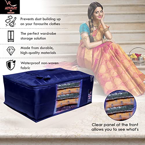 Image of Clothes Storage Bags with Zipper - Pack of 2 | Large Foldable Underbed Storage Bag | Moisture Proof Wardrobe Organiser for Saree Blanket Bedsheet Lehenga | Dustproof Cloth Organiser with Handle Blue