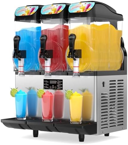 12 Gal/45L Commercial Slushy Machine with LED Light, 15L×3 Tanks Commercial Frozen Drink Machine, Stainless Steel Margarita Slushie Maker, Quick Making, for Wine Cocktails, Daiquiri Juice, Coffee