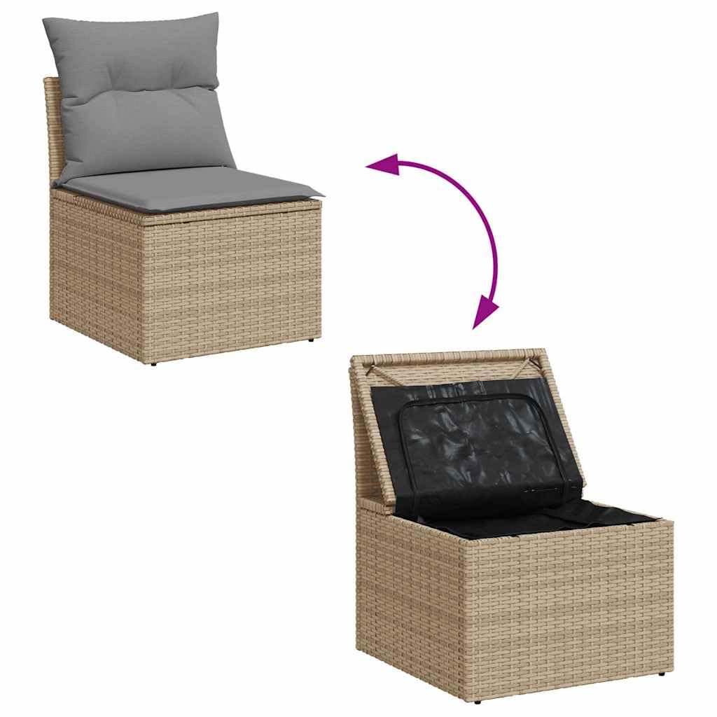 Conjunto modular de 7 piezas de polirratán y acacia, beige, con almacenamiento y bolsa impermeable, mesa auxiliar plegable y extraíble lavable