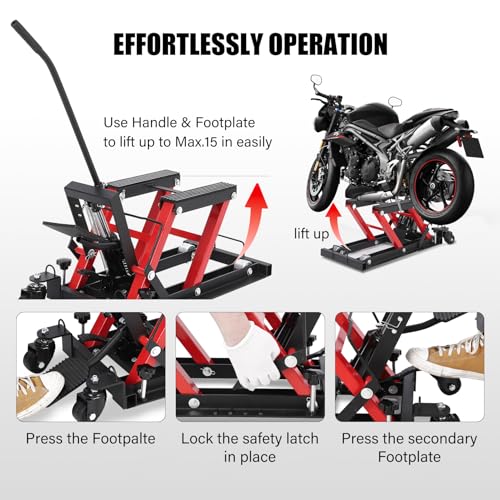 Image of GarveeTech Hydraulic Motorcycle Lift Jack, 1500 LBS Capacity Scissor Lift Jack with 4 Wheels and Handle, Portable Foot-Operated Hoist Stand Motorcycle Lift Table for ATV, Motorcycle, UTV, Powersports