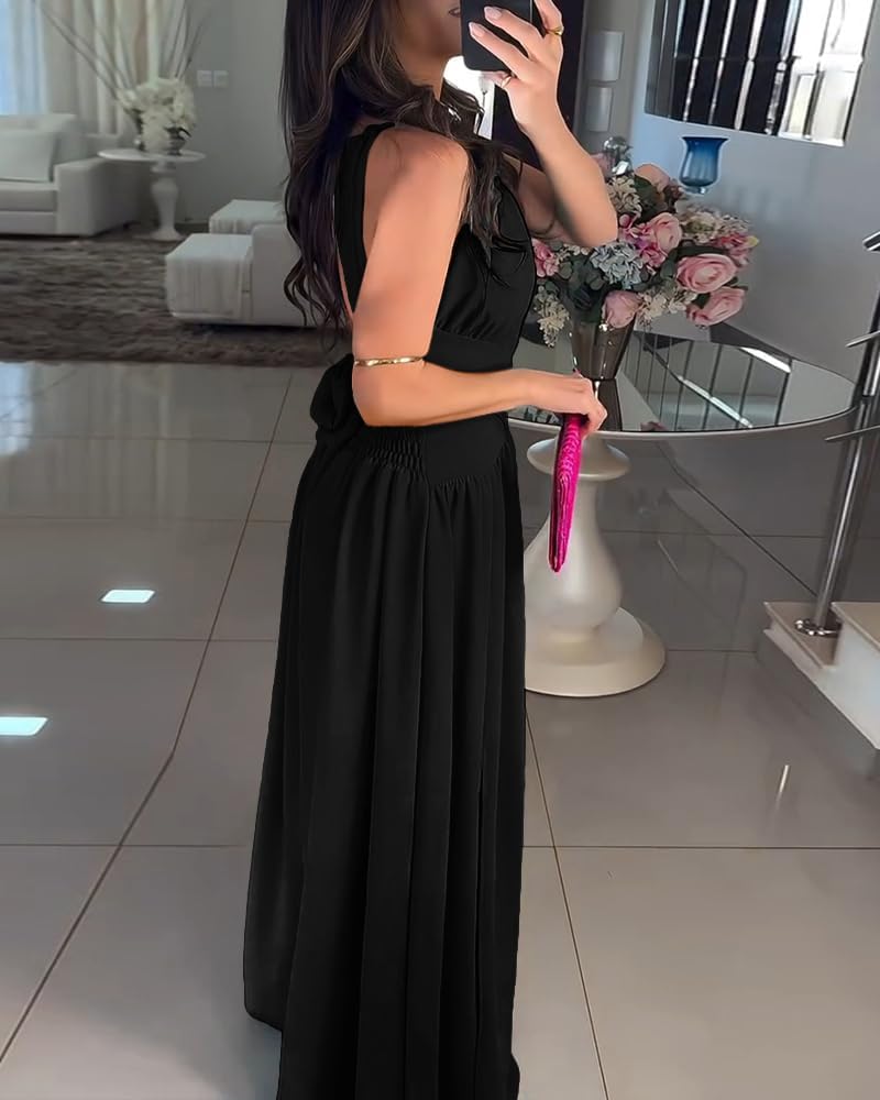 CHICME Women's Sleeveless Halter Neck Dress Criss Cross Tie Back Split High Maxi Dress - Image 2