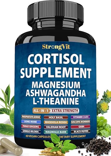 StrongVit Cortisol Supplements for Women and Men with Magnesium, Ashwagandha & L-Theanine. High Cortisol Reducer, Manager, Detox, Lower and Control. Sleep Support & Stress Relief, USA