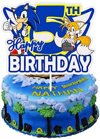 Sonic Birthday Cake Topper 5, Blue Hedgehog Happy Birthday Cake Topper 5, Blue Hedgehog Happy 5th Birthday Cake Topper for Boy Girl Kids Sonic 5 Year Old Birthday Party Decorations