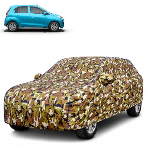 Image of Waterproof Car Body Cover for Hyundai Santro with Mirror Pocket| Cotton Inner Lining | Triple Stitched | All Weather Protection | Dust, UV & Rain Proof (Camouflage with Blue Piping)