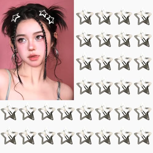 32 PCS 1.22 Star Hair Clips Y2K Accessories Non-Slip Metal Snap Silver Barrettes for Kids & Girls & Women kpop Styling