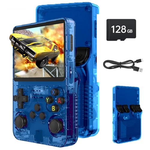 Febotak R36S Retro-Handheld-Spielkonsole, 3,5-Zoll-IPS-Bildschirm, 128 GB Speicher, über 40.000 Spiele, basierend auf LINXU Open Source ARKOS, 3500-mAh-Akku (Dunkelblau)