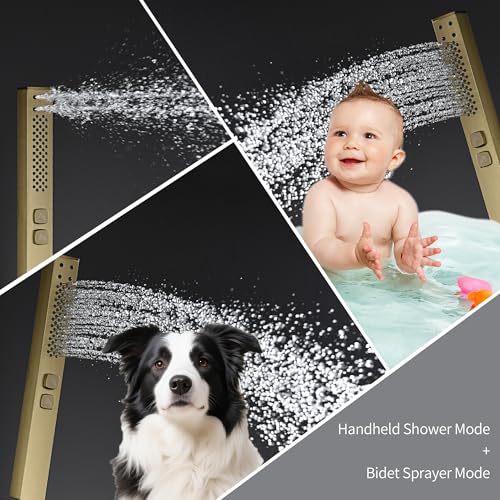 Sistema de ducha y bañera con recubrimiento cuadrado 10" con rociador manual giratorio, pico plegable y válvula de latón macizo con plataforma para shampoo - Dorado cepillado miniatura 7