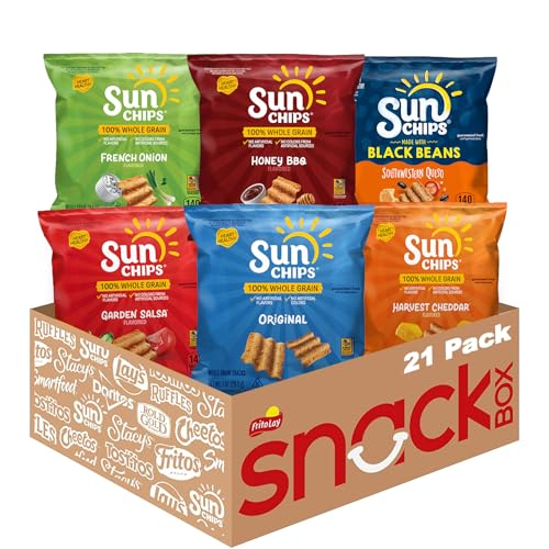 SunChips 100% Whole Grain Chips, Variety Pack, 1 oz Bags, Pack of 21, No Artificial Flavors, No Colors from Artificial Sources