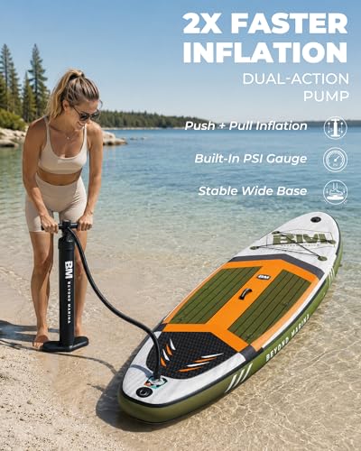Image of BM Paddle Board Inflatable Stand Up Paddle Board, SUP Paddleboard for Adult, Premium Accessories | Non-Slip EVA Deck & Foam Handles, Camera Mount, Double Action Pump, 85L Travel Backpack