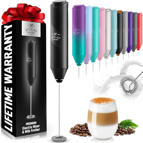 Image of Zulay Powerful Milk Frother Wand - Mini Handheld Stainless Steel - Battery Operated Drink Mixer for Coffee, Lattes, Cappuccino, Matcha - FrothMate Gift - Black