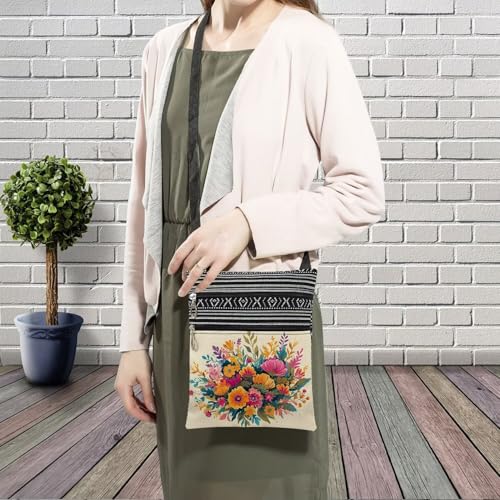 Colorful Flower Messenger Bag Small Ethnic Pattern Printed Adjustable Strap Crossbody Zipper Bag Colorful Flower Phone Bag Wallet Cute Shoulder Handbag for Women Friends -93