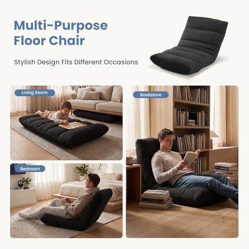 Image of DUMOS Folding Floor Chair with Back Support, Adjustable 14-Position Floor Seating with Comfy Teddy Velvet for Adults & Kids, Reading, Gaming, Meditation, Watching, Black