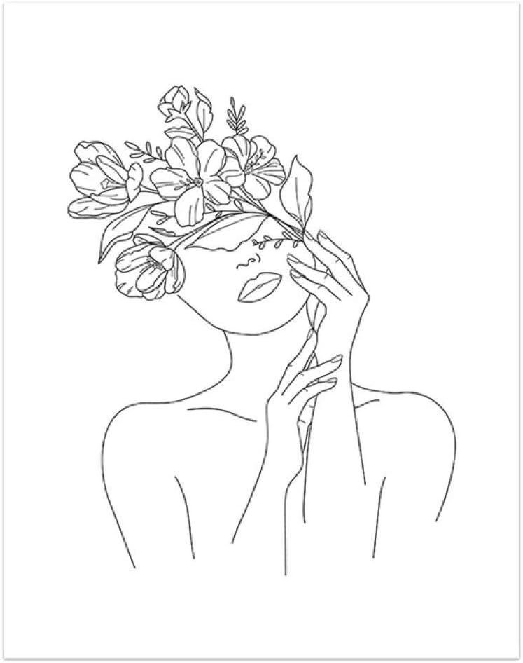 Dibujo Lineal Arte de la Pared Cabeza de Flor Cartel e ...