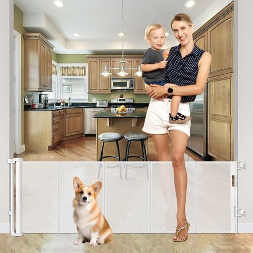22 Inch Tall Retractable Baby Gates for Dogs, Easy Step Over Pet Gate Mesh Baby Gate Retractable Gates for Dogs, 55
