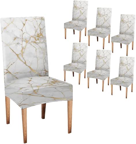 CAPSCEOLL Marble White Grey Gold Printing Dining Room Chair Covers