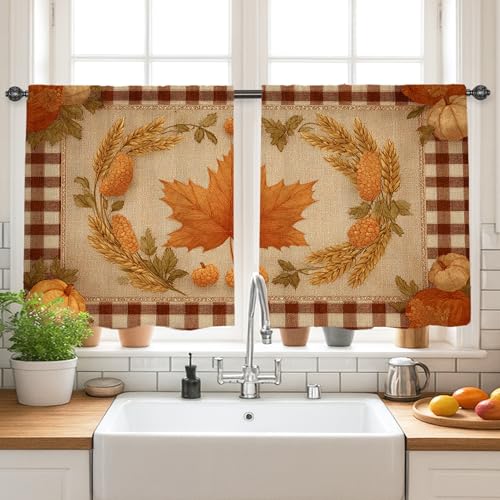 Cortinas de cocina de hoja de arce, otoño, rústico, calabaza, trigo, otoño, naranja, tratamiento de ventana para lavandería, fregadero, pasillo, apartamento, decoración de ventana, 26 x 30 pulgadas