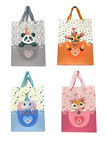 Lagiwa® Lot de 4 Sac cadeau en papier cartonné thème Animaux 3D avec paillettes Petit modèle 32 cm x 26 cm x 10 cm modèle au choix (Assortis MM)