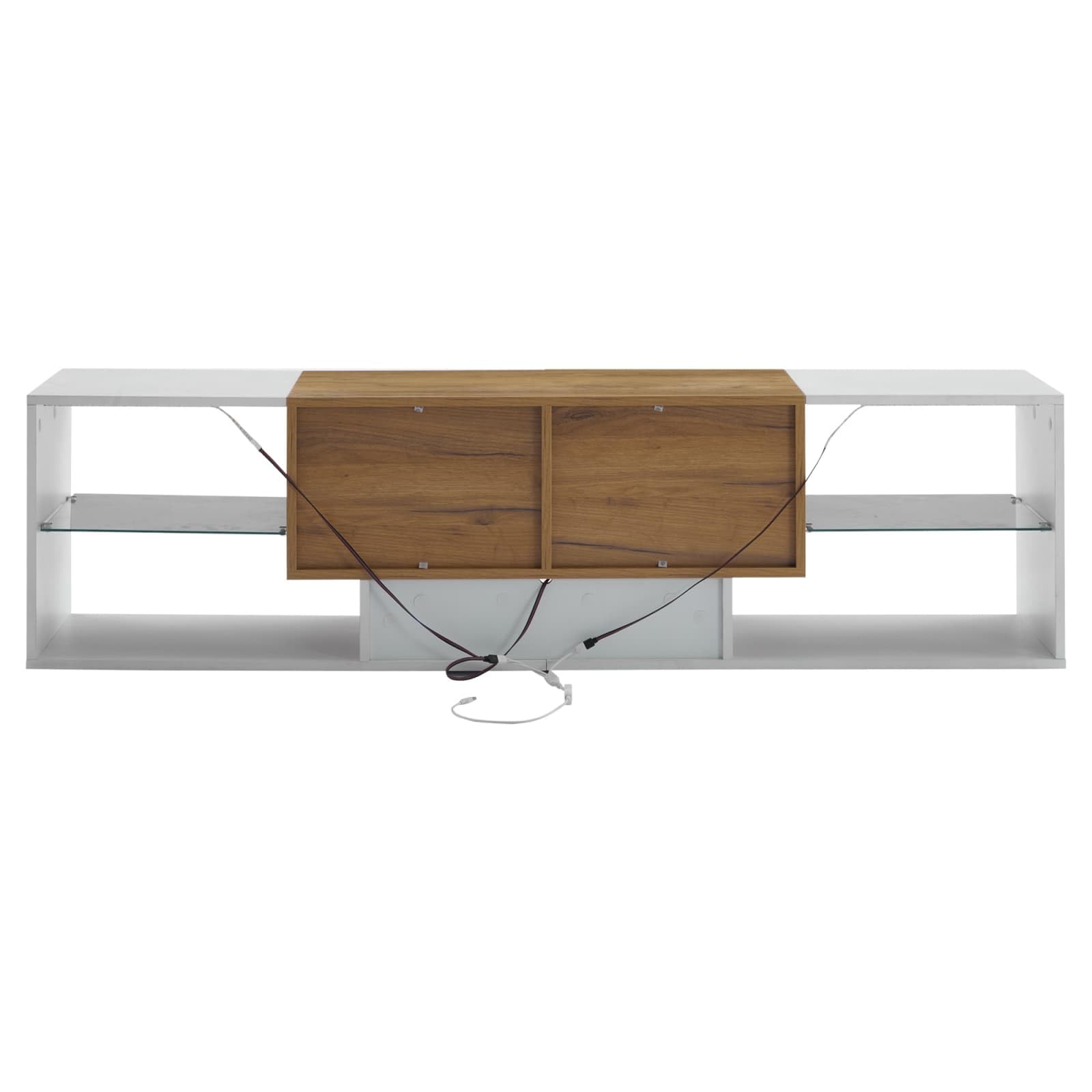 PUGSDRLY 160x40x42 cm Meuble TV Moderne, Support Télé, 2 Tiroirs, Étagère de Rangement en Verre, Adaptée aux Téléviseurs de Moins de 70", pour Salon, Chambre (Blanc Antique + Naturel)