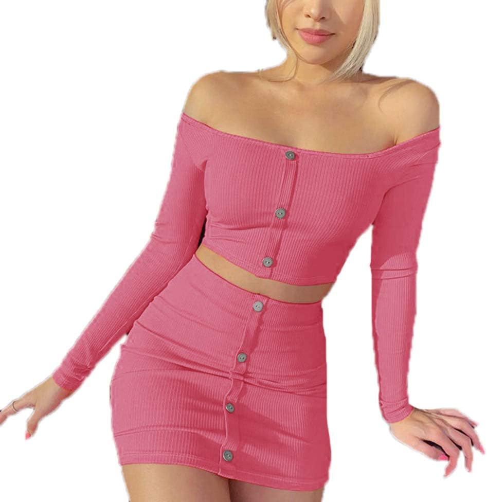 Women Long Sleeve Crop Top and Mini Skirt - Fashion Solid Color Bodycon Slim Fit 2 Piece Outfit Club Casual Sets