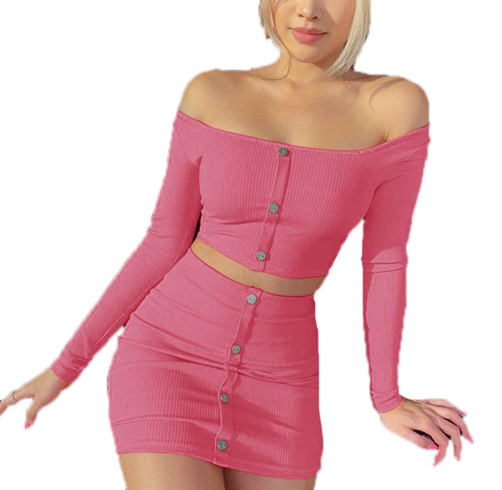 Women Long Sleeve Crop Top and Mini Skirt - Fashion Solid Color Bodycon Slim Fit 2 Piece Outfit Club Casual Sets