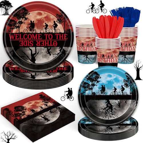 120 PCS Stranger Party Supplies with Disposable Paper Plates Napkins Cups Themed Party Decorations for Boys Girls Stranger Things Theme Party