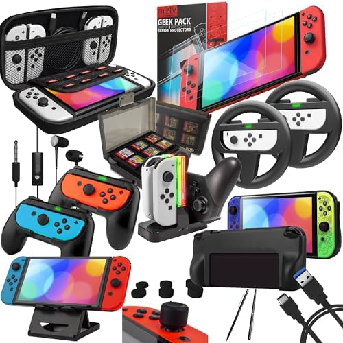 Orzly Accessory Bundle Kit designed for Nintendo switch Accessories Geeks and Oled console users Case and Screen protector, Joycon grips and Wheels for enhanced games play and more - Jet black : Video Games