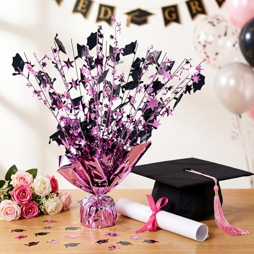 Image of 6 Packs Graduation Decorations Centerpieces for Tables Metallic Foil Star Graduate Cap Burst Tabletop Display in Pink and Black for Grad Ceremonies Celebrations Party Decor Supplies 12 (Pink)
