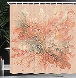 Ambesonne Peach Shower Curtain, Watercolor Style Scale and Leafy Look Abstract Branches Tender Colors, Cloth Fabric Bathroom Decor Set with Hooks, 69' W x 70' L, Salmon and Pale Sage Green