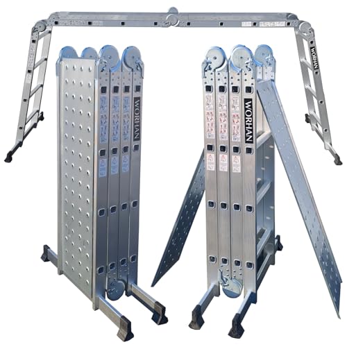 WORHAN Échelle de 4.6m Aluminium Multifonction avec 2 Plates-Formes d'acier Modèle de Grosse CHARNIÈRE Polyvalente Escabeau Échafaudage Multi-Usage ALU Modulable Pliable KS4.6+Platforms