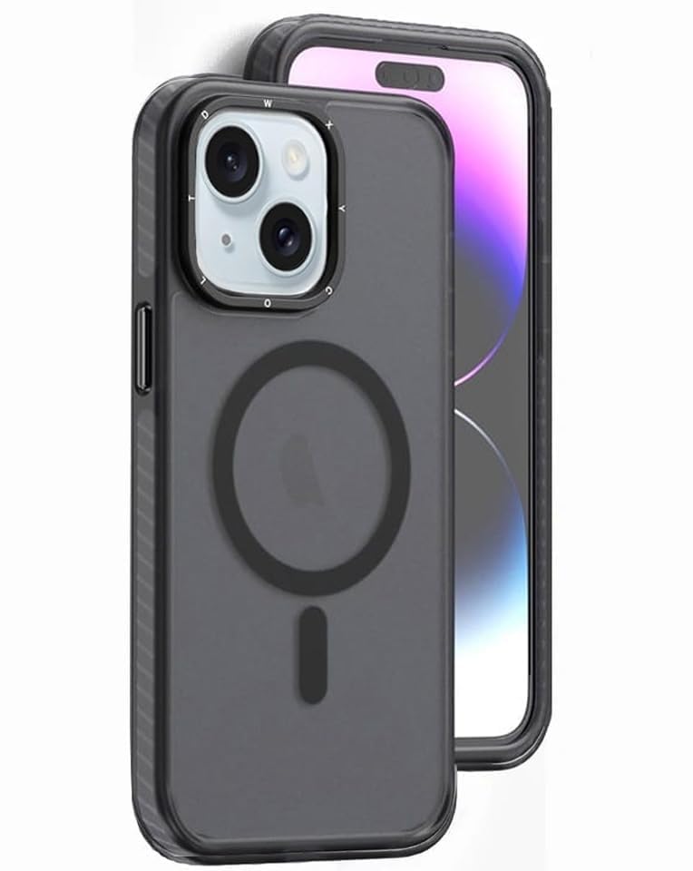 mobistyle Polycarbonate iPhone 15 Cover, Compatible with Mag-Safe, Military Grade Drop Protection, Translucent Matte Back Cover Case Designed for iPhone 15 (Black)