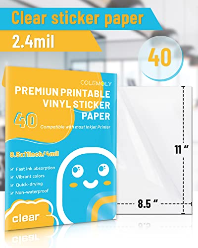 Printable Vinyl Clear Sticker Paper For Inkjet Printer-40 Transparent Dry-Quick Sheets Of 8.5’’X11’’ Self-Adhesive Decals And Labels Non-Waterproof Papers Tear Resistance Bright Color For Diy #TOP2
