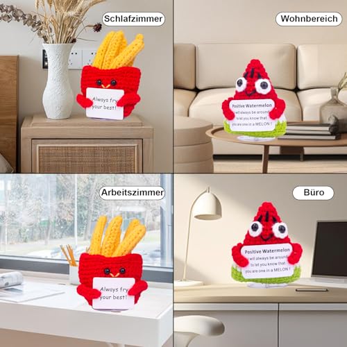 Mwmoeen Mini lustige Positive Kartoffel Geschenke, handgemachte emotionale Unterstützung gestrickte Wassermelon mit Frontkarte French Fries Schreibtisch Dekoration