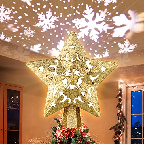 Christmas Tree Topper Projector, LED Star Tree Topper Lighted, Glitter Gold Star Topper Projector with Rotating Snowflake Projection for Indoor Christmas Tree Decor, Xmas Decorations