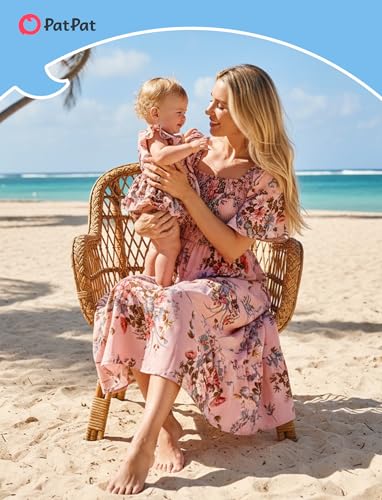 Image of PATPAT Family Matching Outfits Mommy and Me Dresses Floral Dress & T-Shirts | Mommy and Me Easter Dresses, Puff Sleeve Floral Sundress, Cotton Blend T-shirts, Couples Party Wedding Vacation Outfits