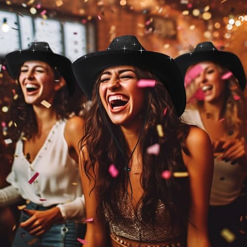 Image of Coume 12 Pcs Sparkly Adults Cowboy Hat and Bandanas Women Men Western Glitter Cowgirl Party Hats with Adjustable Drawstring